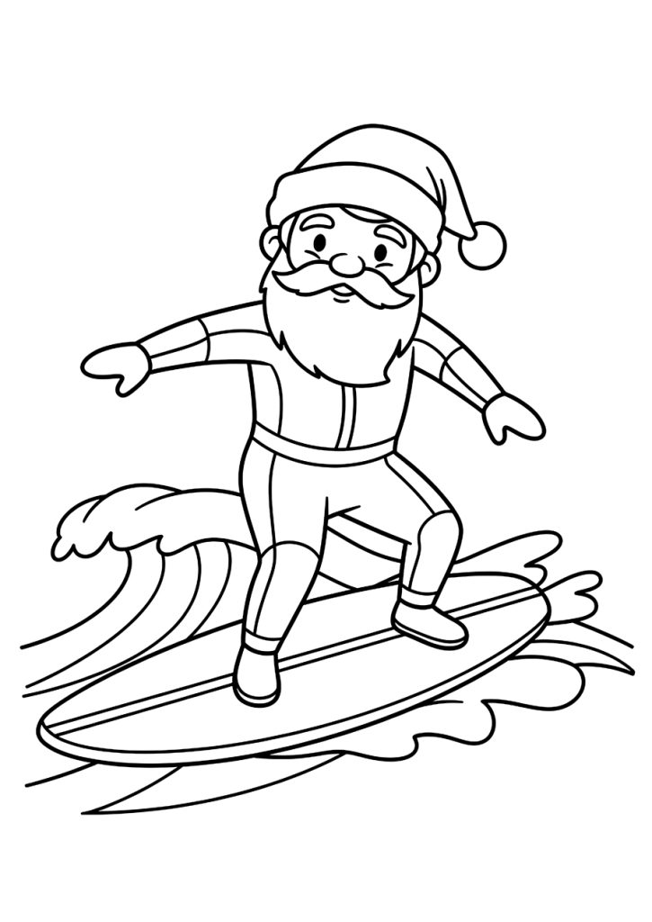A coloring page of Santa Claus wearing a full wetsuit and his Santa hat, balancing on a surfboard as he rides a large ocean wave.