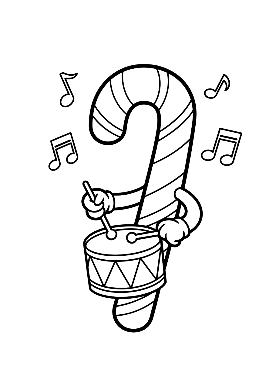 A cartoon candy cane with arms and hands, playing a drum with drumsticks, surrounded by music notes, in a black and white Christmas coloring page.