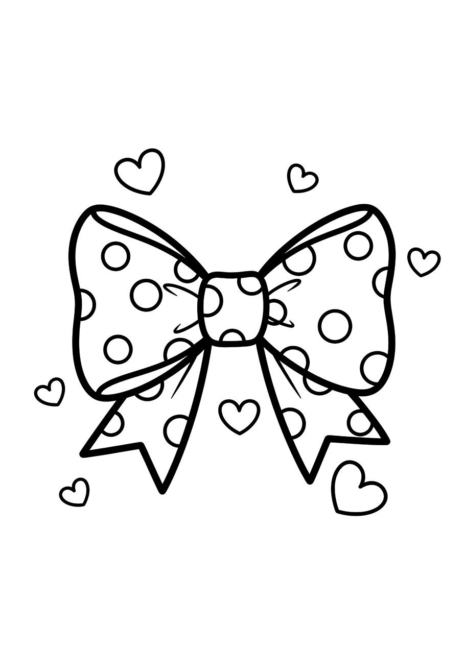 A simple coloring page of a large bow with a polka dot pattern, surrounded by floating cartoon hearts.