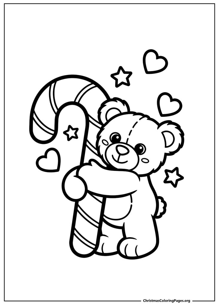 A lovable coloring page of a small teddy bear hugging a large candy cane, surrounded by hearts and stars.