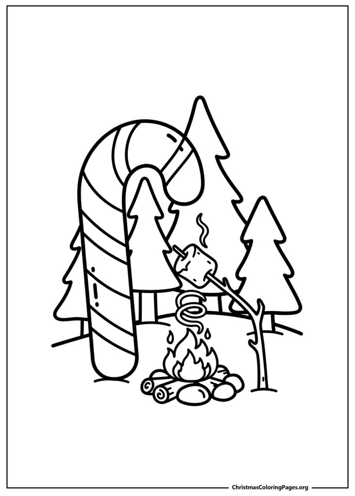 A simple coloring page featuring a candy cane, a campfire roasting a marshmallow, and pine trees in the background.