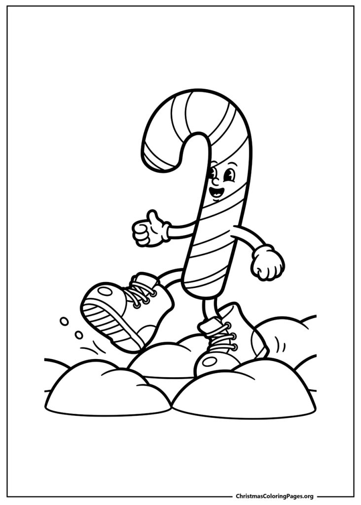 A retro cartoon-style candy cane character with a thumbs-up, wearing large sneakers and walking through a snowy landscape.