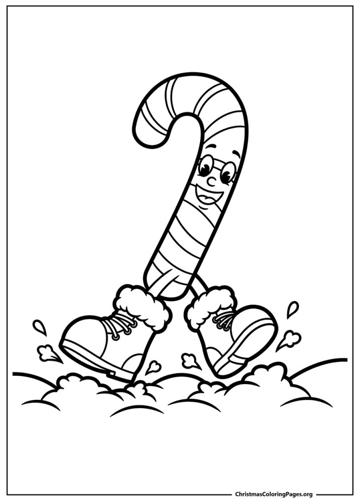 A happy candy cane character wearing big, fluffy snow boots and walking through deep snow.