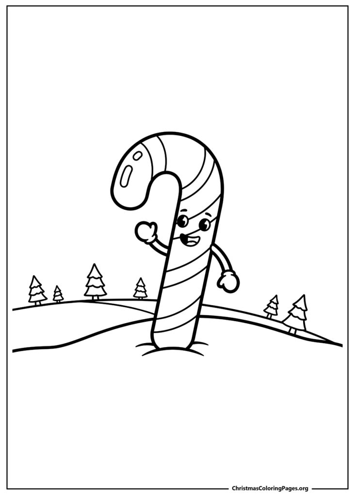 A simple coloring page of a happy candy cane character with arms and legs, waving from a snowy landscape with pine trees.