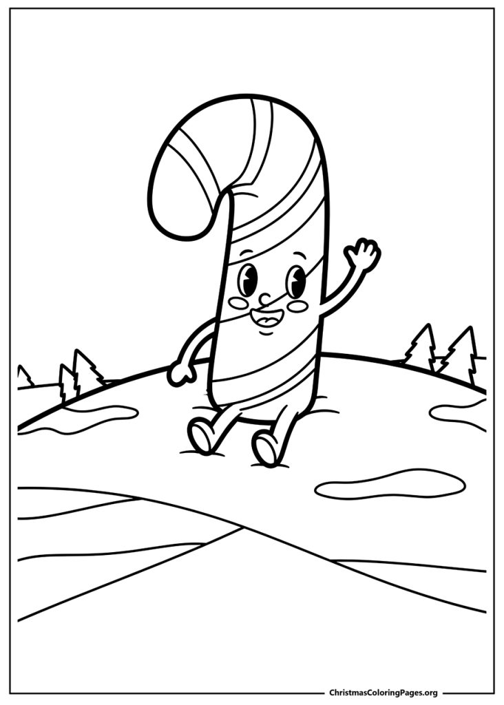 A cute coloring page of a candy cane character sitting down and waving in a simple, snowy winter landscape.