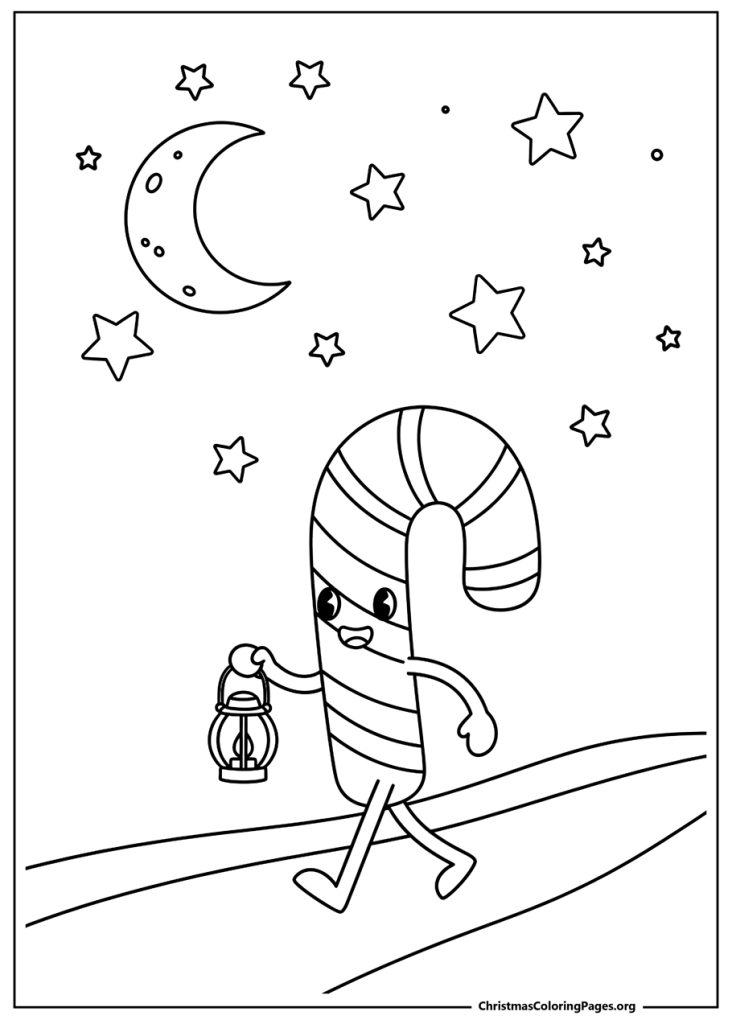 A simple coloring page of a candy cane character walking with a lantern under a crescent moon and starry sky.