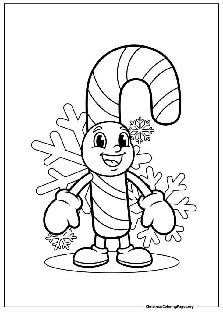 A happy candy cane character with mittens, legs, and a smiling face, standing among large snowflakes.