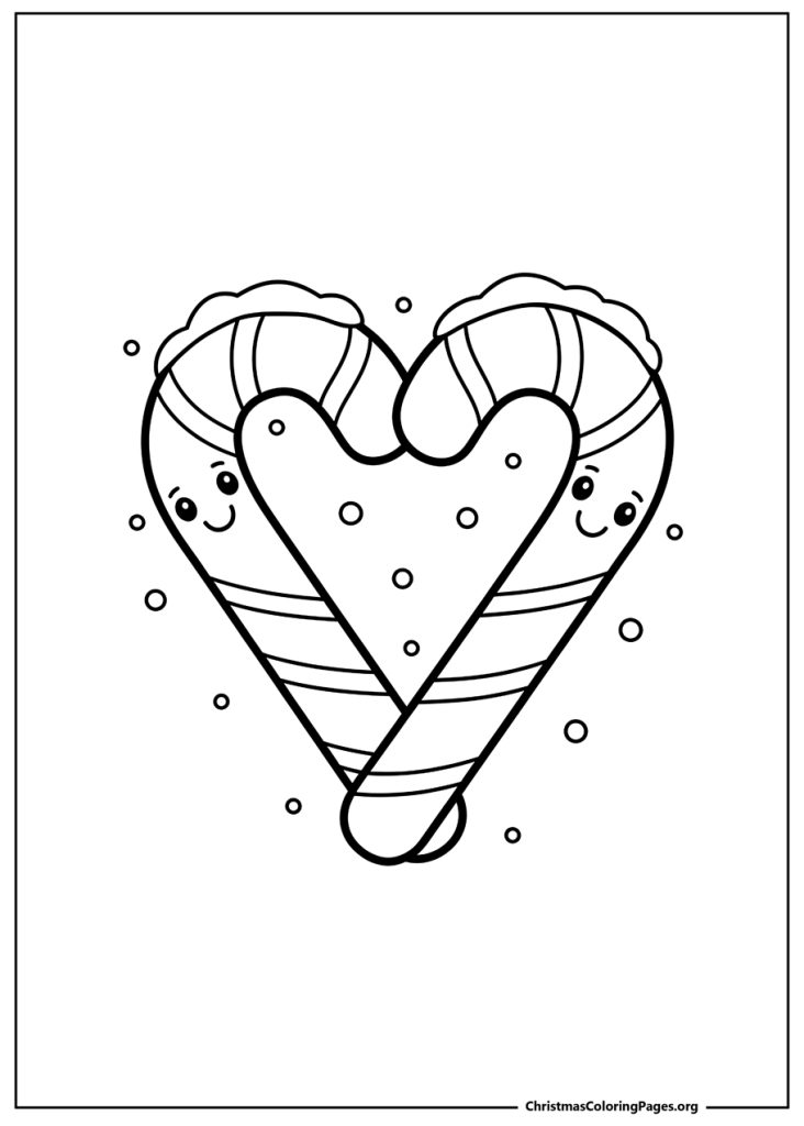 Two cute candy cane characters with smiling faces, leaning together to form a heart shape in the snow.