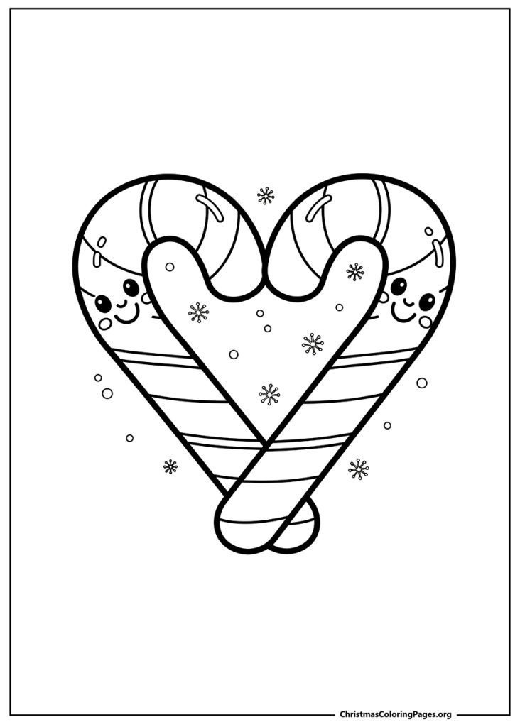 Two kawaii candy canes with happy faces forming a heart shape, surrounded by falling snowflakes.