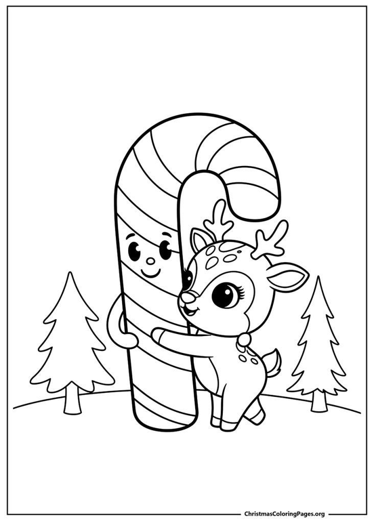 An adorable coloring sheet of a baby reindeer with spots, hugging a friendly, smiling candy cane character.