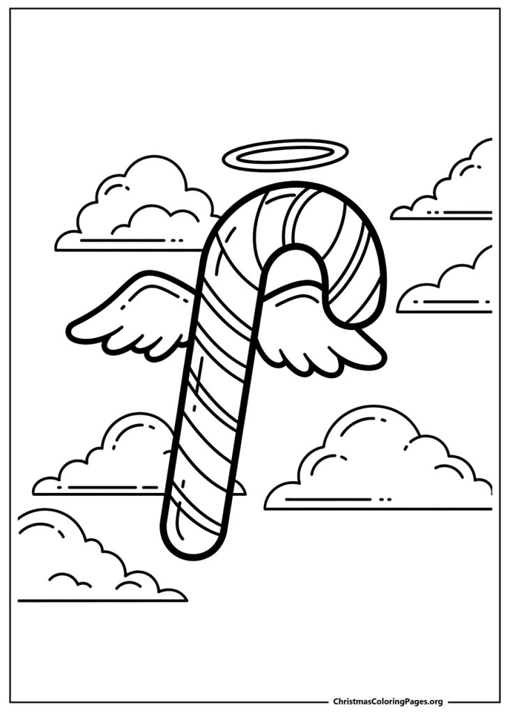 A simple line drawing of a candy cane with angel wings and a halo, flying in the clouds.