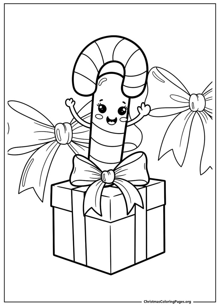A cute kawaii candy cane character sitting on a large Christmas gift box, surrounded by bows.