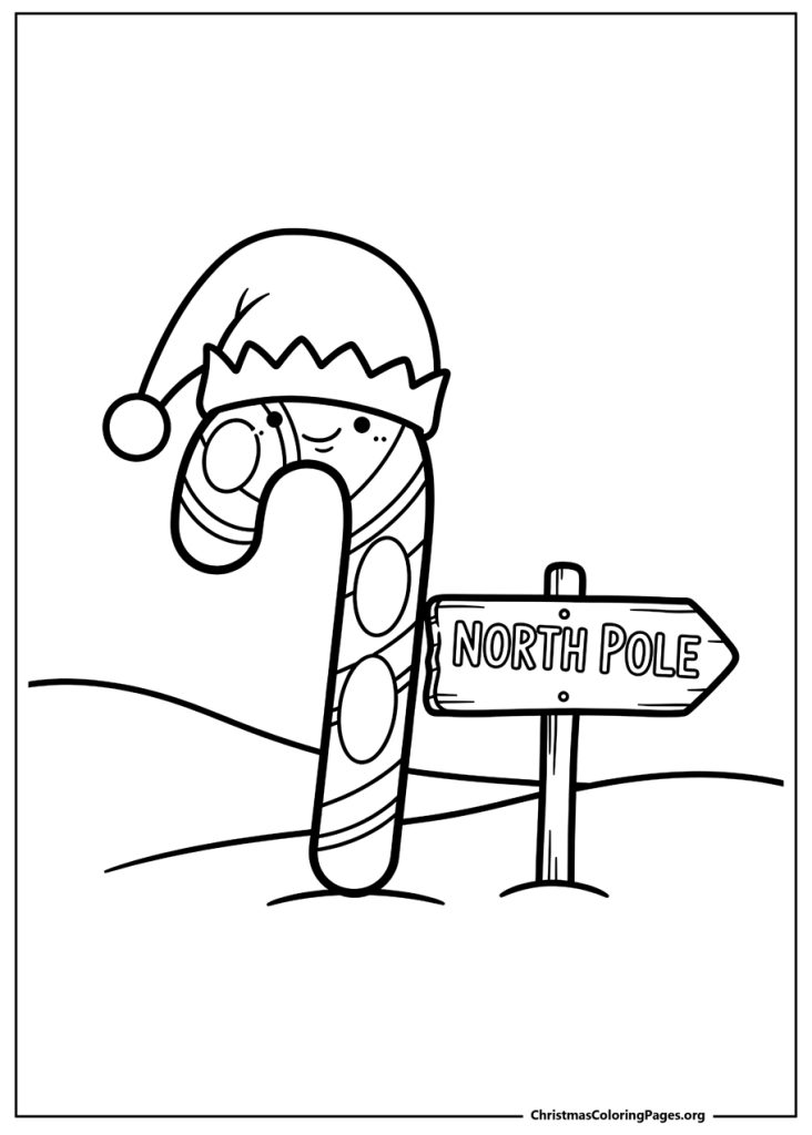 A candy cane character wearing a Santa hat, standing in the snow next to a 'North Pole' sign.