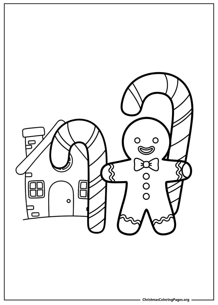 A simple coloring page of a gingerbread man and a large candy cane standing next to a gingerbread house.