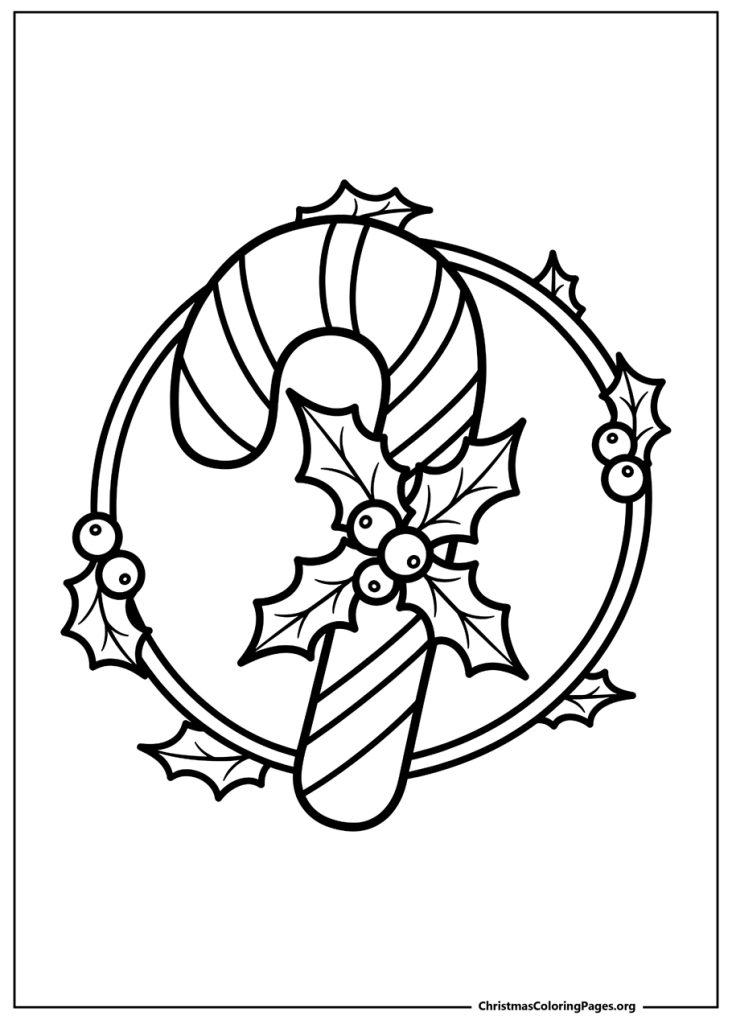 A simple Christmas coloring page featuring a candy cane inside a festive wreath decorated with holly and berries.