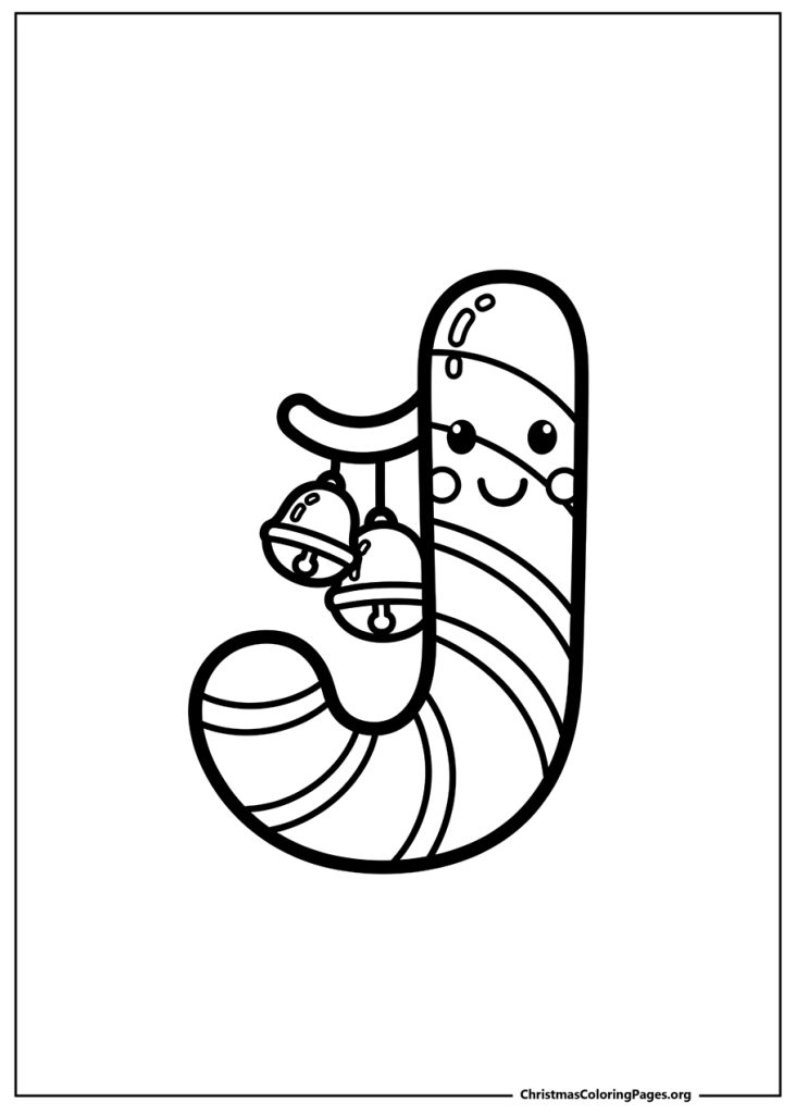 A cute, J-shaped candy cane character with a smiling face, with two jingle bells hanging from it.