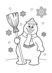 A coloring page of Frosty the Snowman holding a broom, wearing a small hat and scarf, with large snowflakes falling around him.