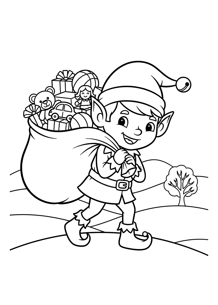 A black and white line art coloring page of a cute Christmas elf carrying a large sack of toys.