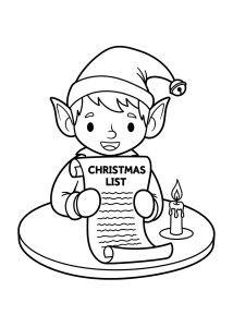 An elf sitting at a desk and reading a long Christmas list by candlelight, an official-looking elf coloring page to print.