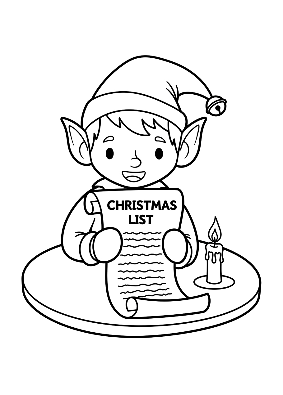 An elf sitting at a desk and reading a long Christmas list by candlelight, an official-looking elf coloring page to print.