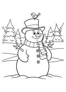 A classic Frosty the Snowman coloring page featuring him in a snowy pine forest with a small bird perched on his top hat and stick arms.