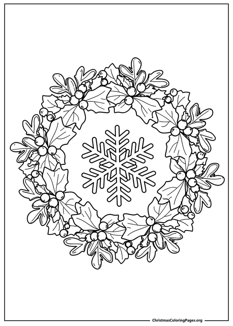 A coloring page of a large snowflake crystal in the center of a detailed wreath made of mistletoe and berries.